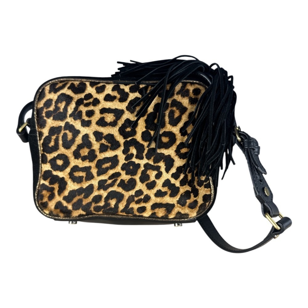 Sam Edelman Leopard Print Calfhair Camera Crossbody Bag Fringe Leather Statement